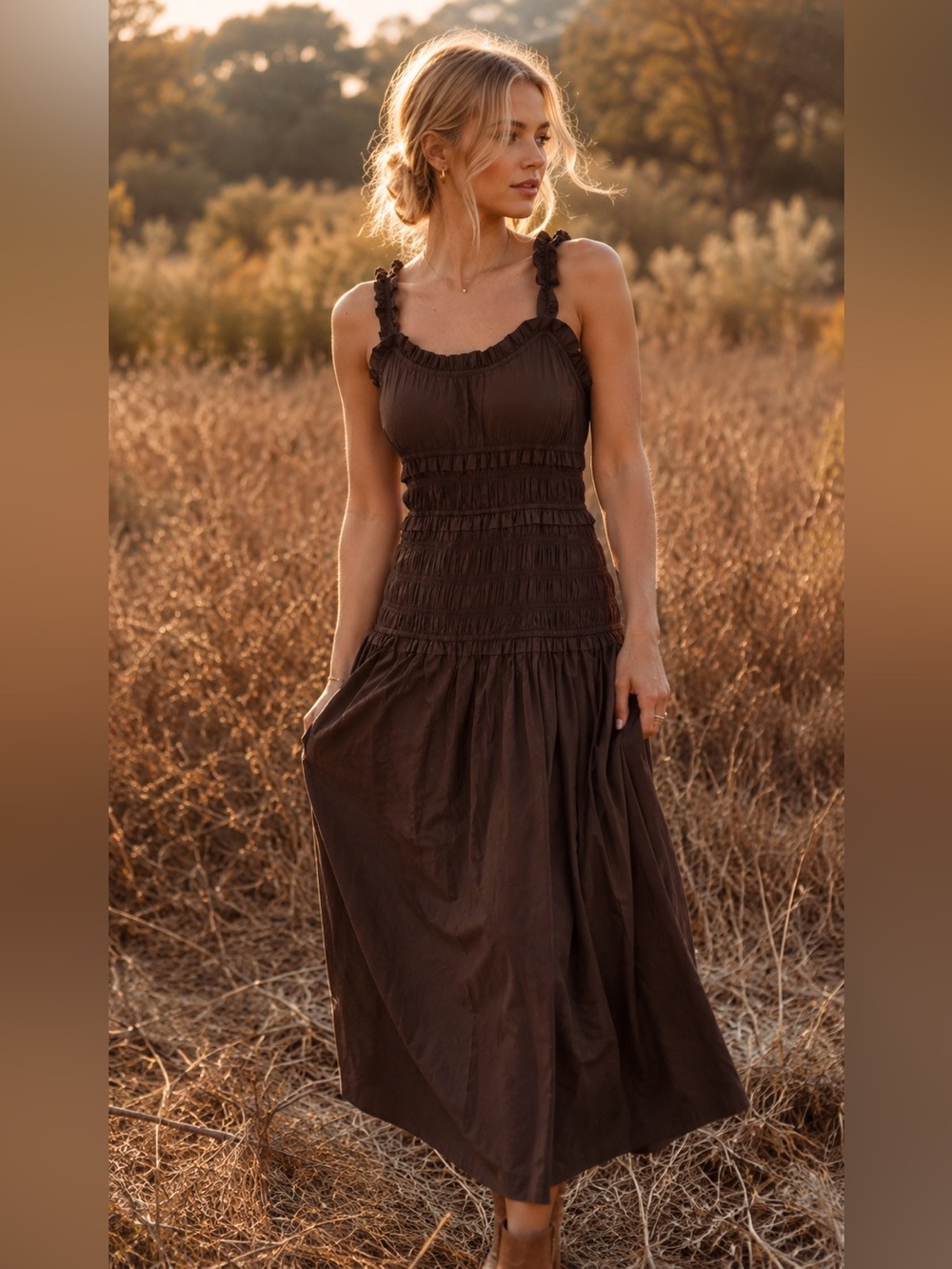 Stunning Caroline Constas Chocolate Brown 100% Cotton Smocked Dress NWT